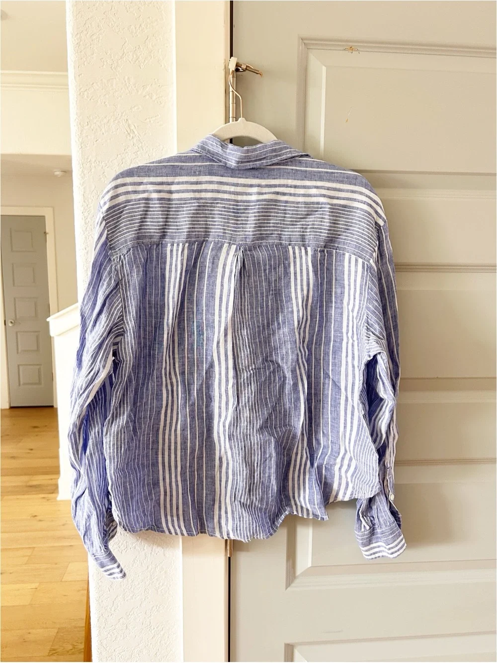 NWT Anthropologie Maeve Shrunken Bennet Linen Buttondown Shirt Blue Stripe - Picture 8 of 8